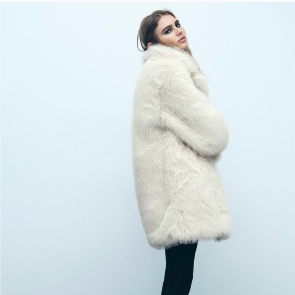 NWT ZARA Faux Fur Coat Ecru  Size XS - Picture 13 of 15
